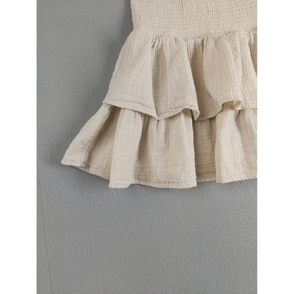 Universal Women Mini Skirt XS Beige 100% Cotton Tiered Ruffle Smocked Waist Boho